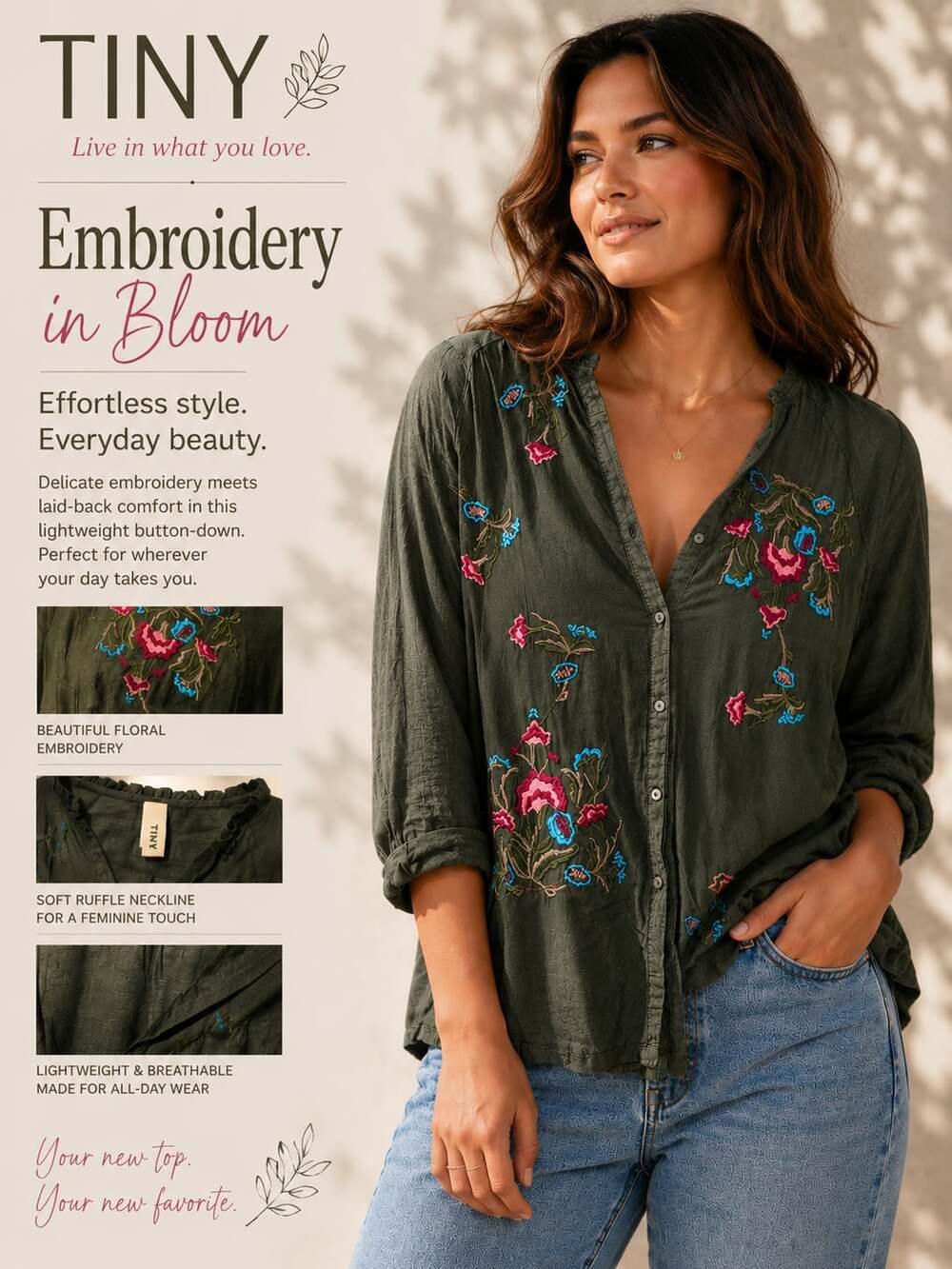 Anthropologie TINY Floral Embroidered Ruffle Neck Button-Down Top